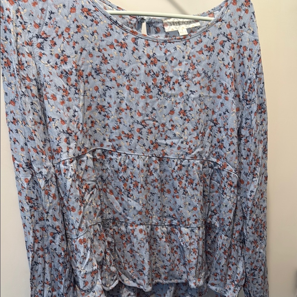 Blue Tiered Long Sleeve Blouse Relaxed Fit